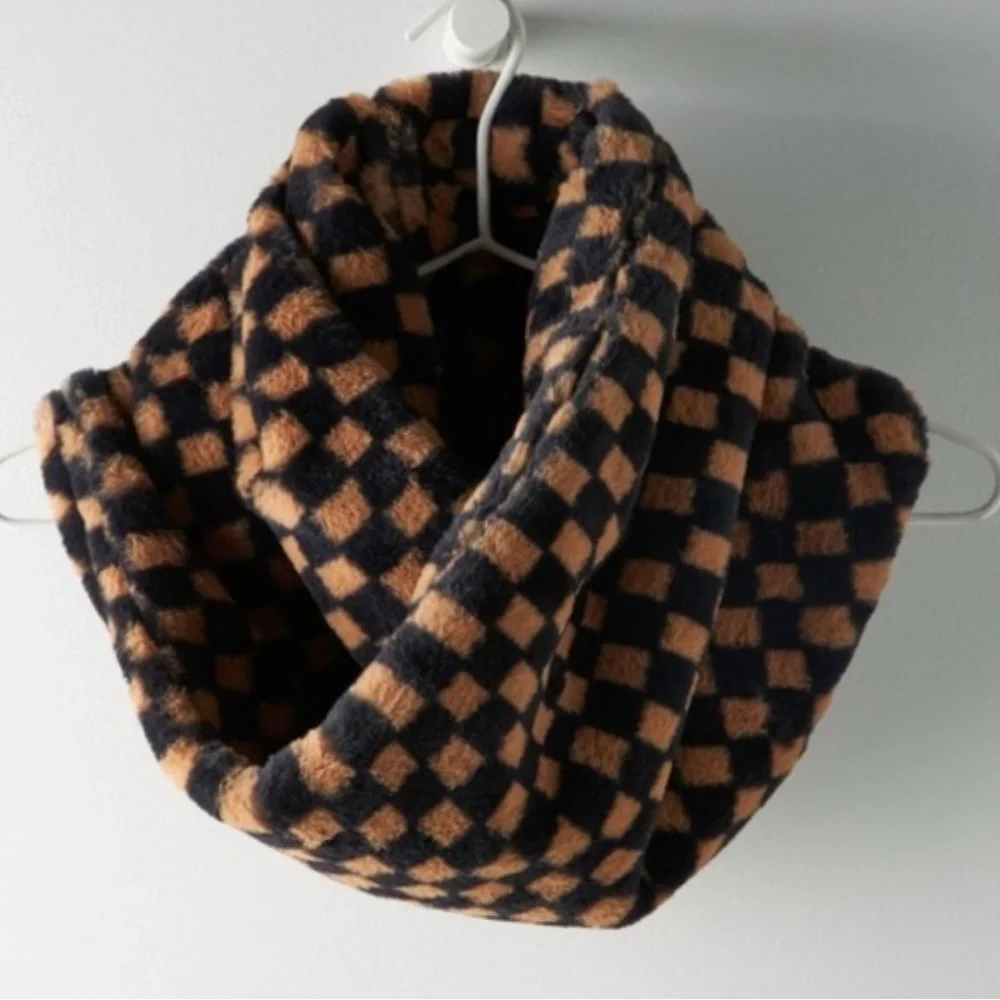 Anthropologie Navy & Tan Checkerboard Faux-Fur Wrap